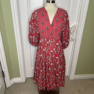 Ro's Garden Dress Coral floral Vivi Midi Maxi Tiered Cottagecore Boho S Tie Neck